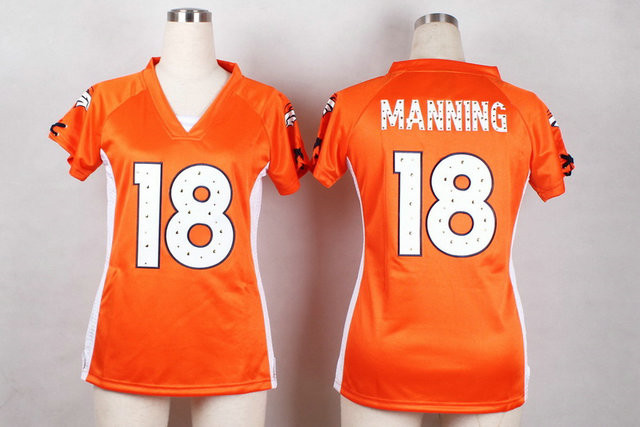 Women New Broncos #18 Peyton Manning Orange NFL Elite Draft Him Shimmer Jersey