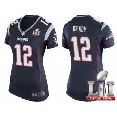 Women New England Patriots #12 Tom Brady Navy 2017 Super Bowl LI Patch Game Jersey