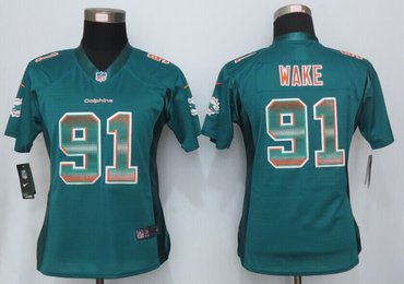 Women NewMiami Dolphins #91 Cameron Wake Green Strobe Elite Jersey