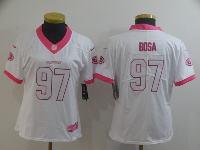 Women Nike 49ers 97 Nick Bosa White Pink Women Rush Limited Jersey
