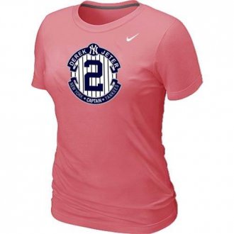 Women Nike New York Yankees #2 Derek Jeter Official Final Season Commemorative Logo Blended T-Shirt Pink