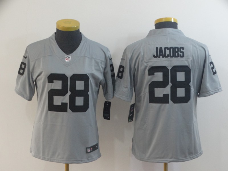 Women Nike Raiders 28 Josh Jacobs Silver Women Inverted Legend Limited Jersey
