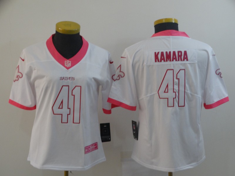 Women Nike Saints 41 Alvin Kamara White Pink Fashion Women Rush Limited Jersey