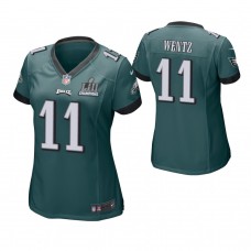 Women Philadelphia Eagles #11 Carson Wentz Midnight Green Super Bowl LII Champions Patch Game Jersey