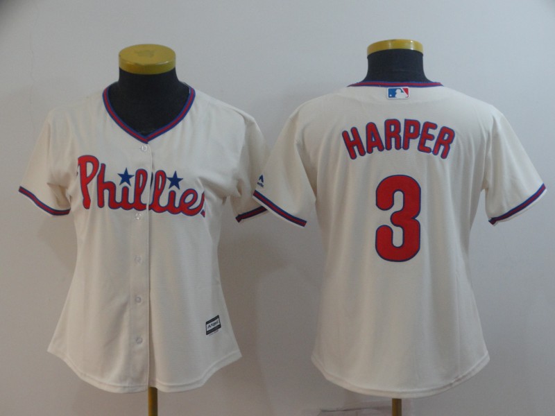 Women Phillies 3 Bryce Harper Cream Women Cool Base Jersey