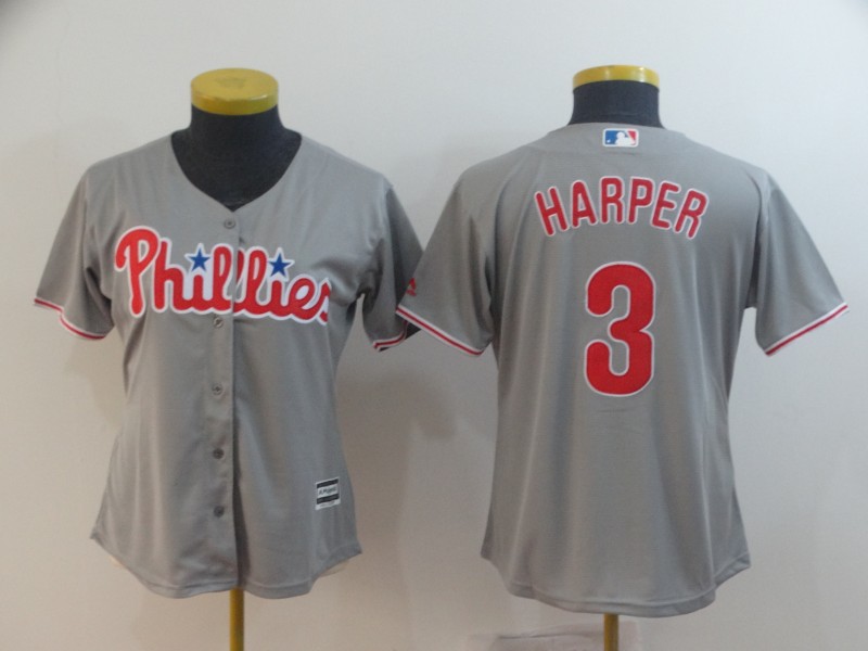 Women Phillies 3 Bryce Harper Gray Women Cool Base Jersey