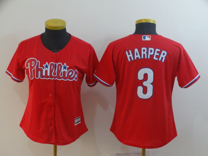 Women Phillies 3 Bryce Harper Scarlet Women Cool Base Jersey