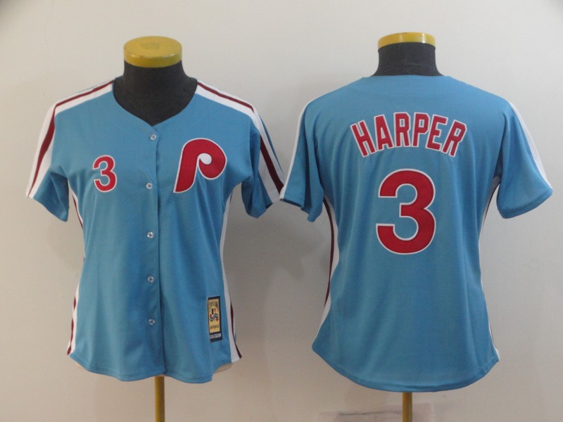 Women Phillies 3 Bryce Harper Women Light Blue Cool Base Cooperstown Jersey