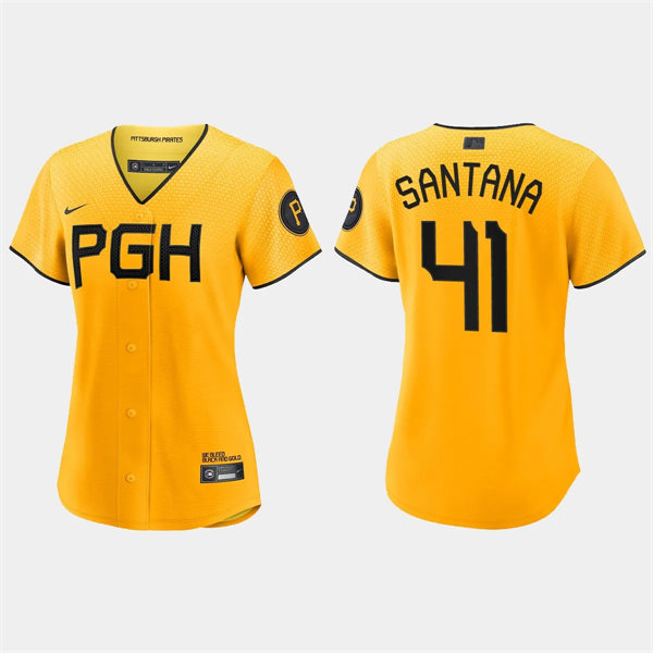 Women Pittsburgh Pirates #41 Carlos Santana Gold 2023 City Connect Replica Jersey