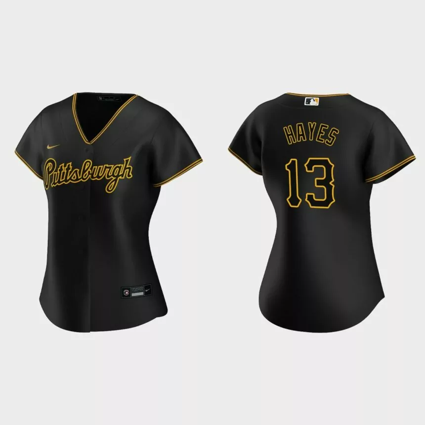 Women Pittsburgh Pirates Ke’Bryan Hayes Team Script Black Replica Alternate Jersey