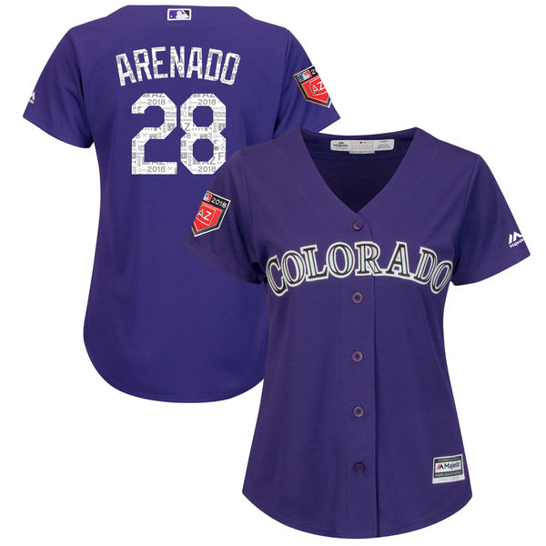 Women Rockies 28 Nolan Arenado Purple Women 2018 Spring Training Cool Base Jersey