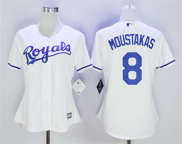 Women Royals 8 Mike Moustakas White Women Cool Base Jersey