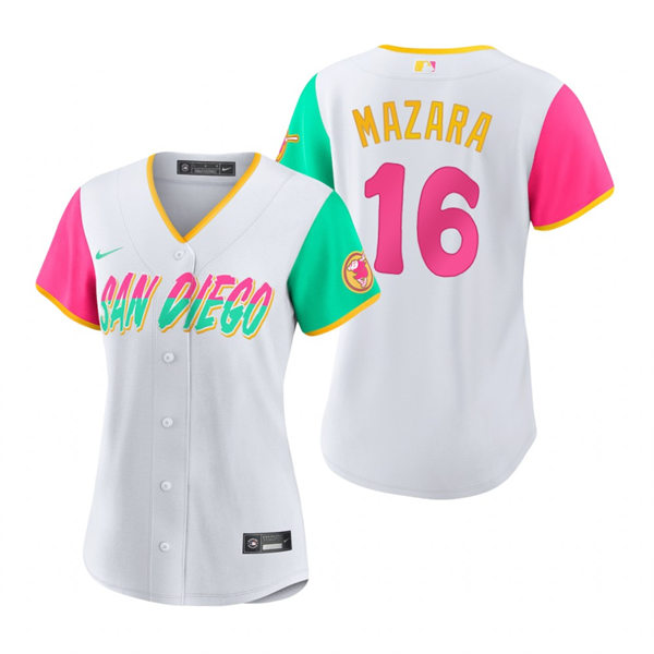 Women San Diego Padres #16 Nomar Mazara White 2022 City Connect Jersey