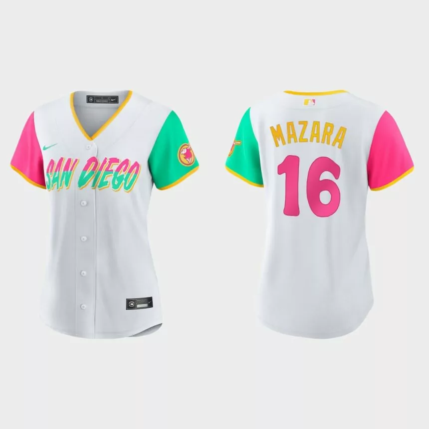 Women San Diego Padres Nomar Mazara White 2022 City Connect Replica Jersey