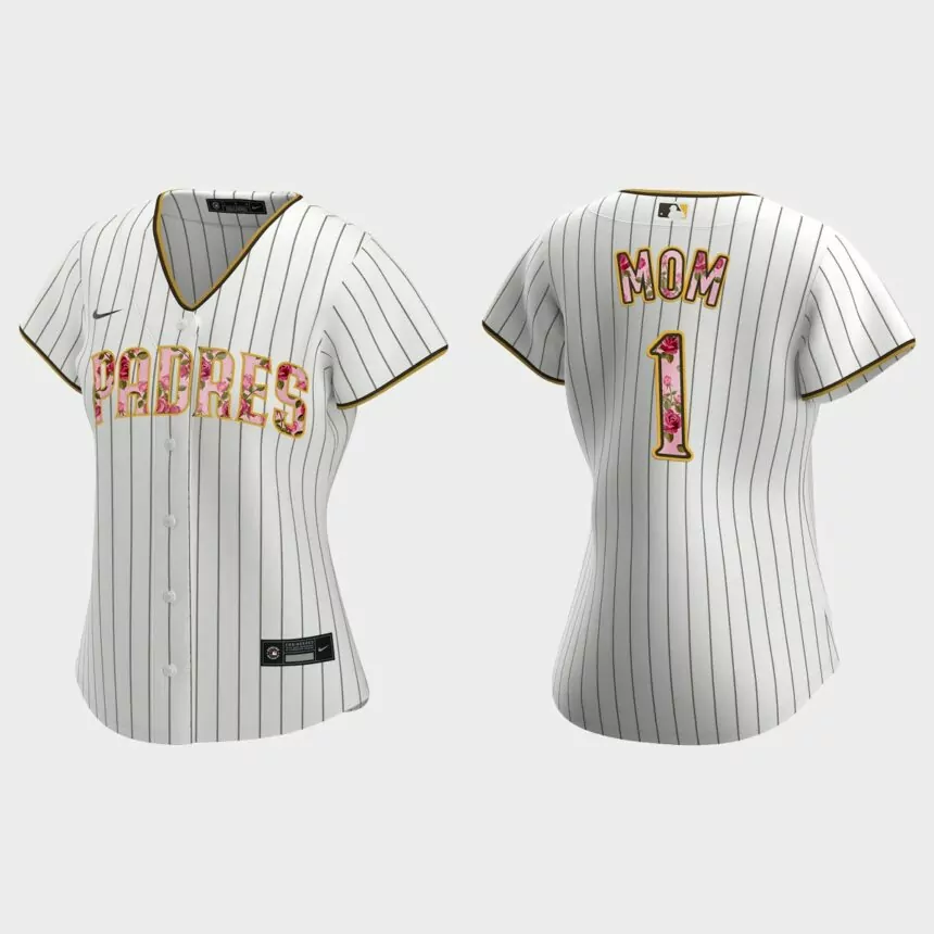 Women San Diego Padres White Mother’s Day Number 1 Mom Jersey
