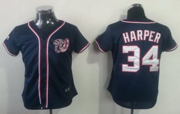 Women Washington Nationals 34 Harper Blue MLB Jerseys