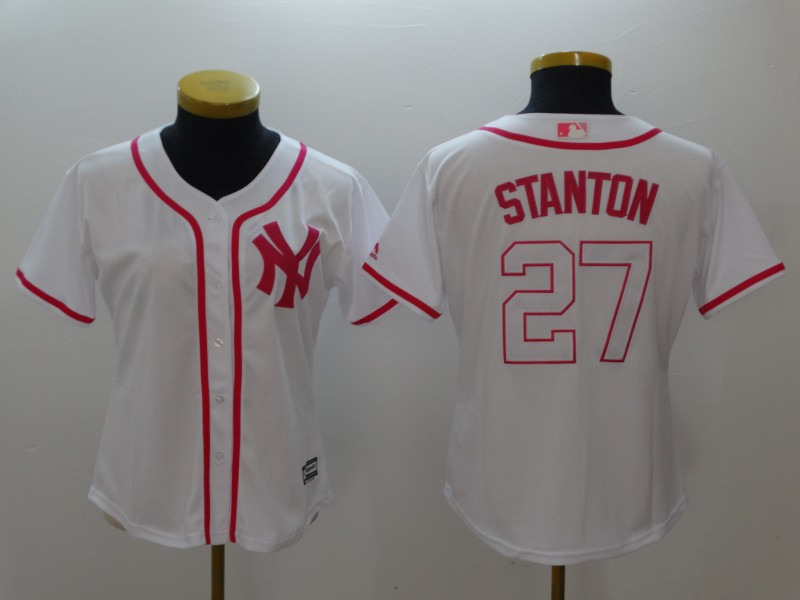 Women Yankees 27 Giancarlo Stanton White Pink Women Cool Base Jersey
