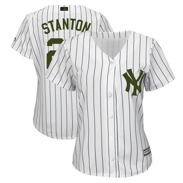 Women Yankees 27 Giancarlo Stanton White Women 2018 Memorial Day Cool Base Jersey