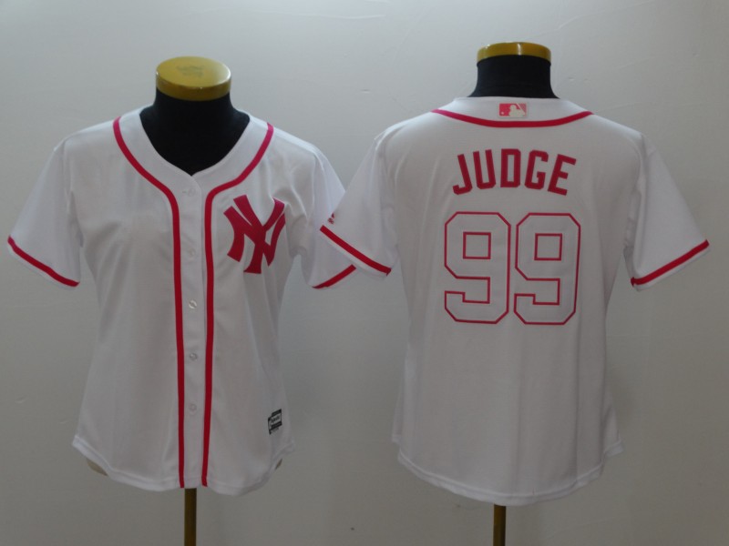Women Yankees 99 Aaron Judge White Pink Women Cool Base Jersey
