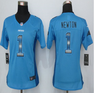 Women new Carolina Panthers #1 Cam Newton Blue Strobe Elite Jersey