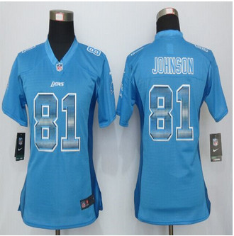Women new Detroit Lions #81 Calvin Johnson Blue Strobe Elite Jersey