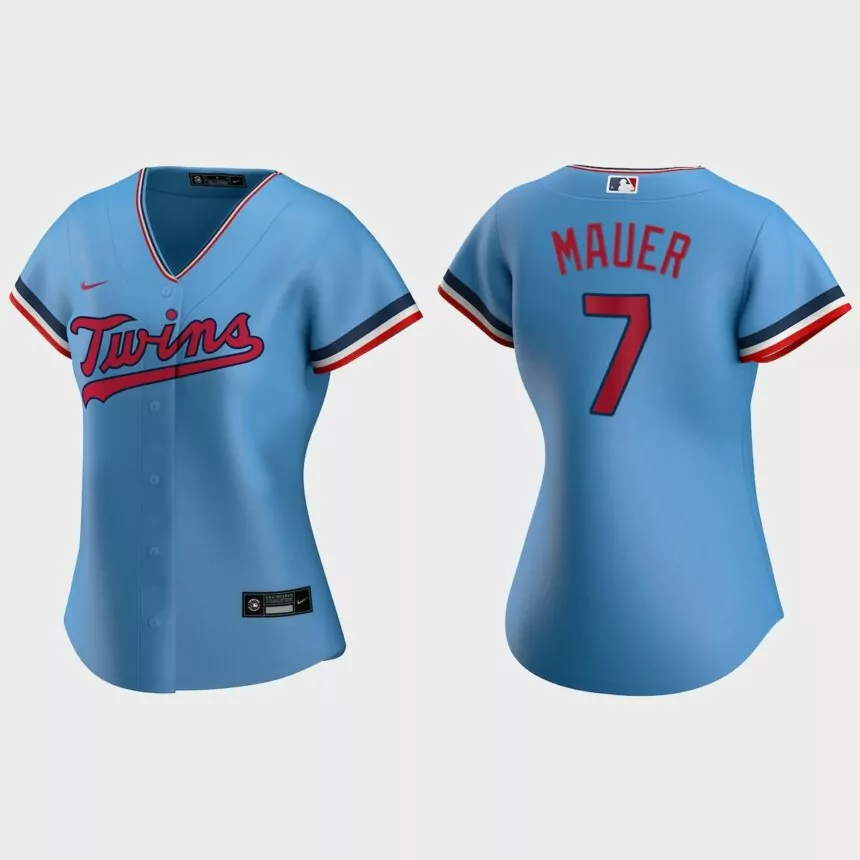 Women’s #7 Joe Mauer Minnesota Twins Alternate Replica Jersey – Light Blue