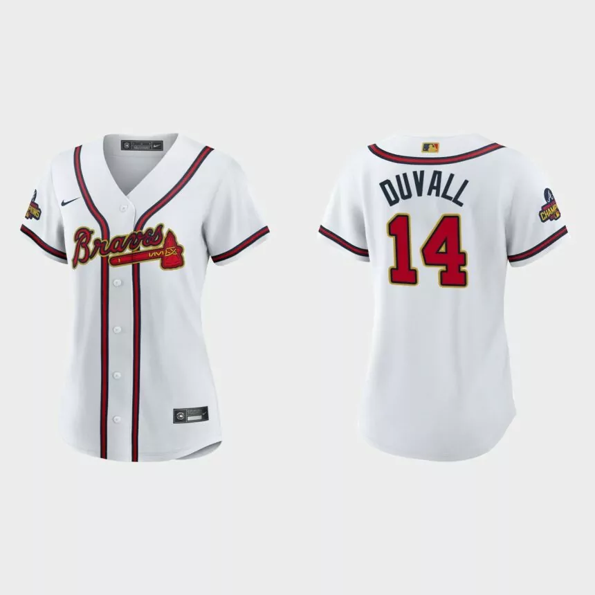 Women’s Atlanta Braves Adam Duvall 2022 Gold Program White Replica Jersey