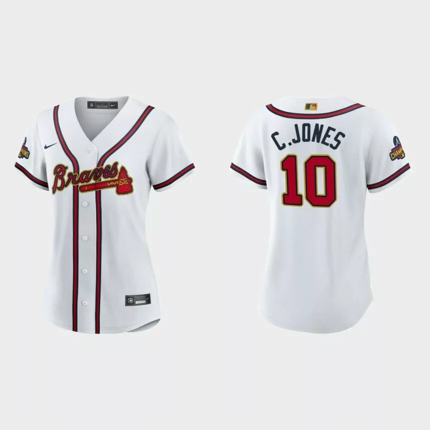 Women’s Atlanta Braves Chipper Jones 2022 Gold Program White Replica Jersey