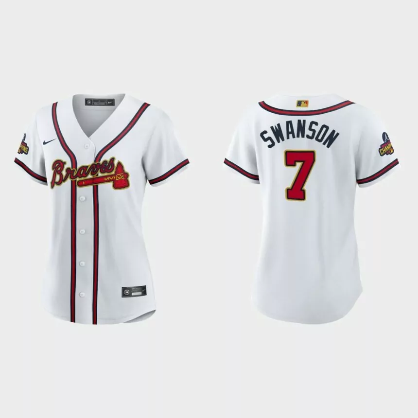 Women’s Atlanta Braves Dansby Swanson 2022 Gold Program White Replica Jersey