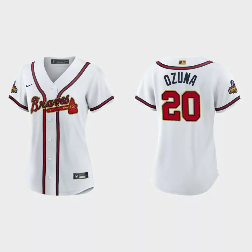 Women’s Atlanta Braves Marcell Ozuna 2022 Gold Program White Replica Jersey