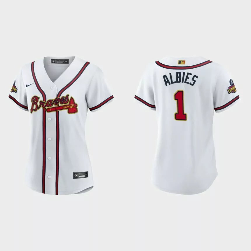 Women’s Atlanta Braves Ozzie Albies 2022 Gold Program White Replica Jersey