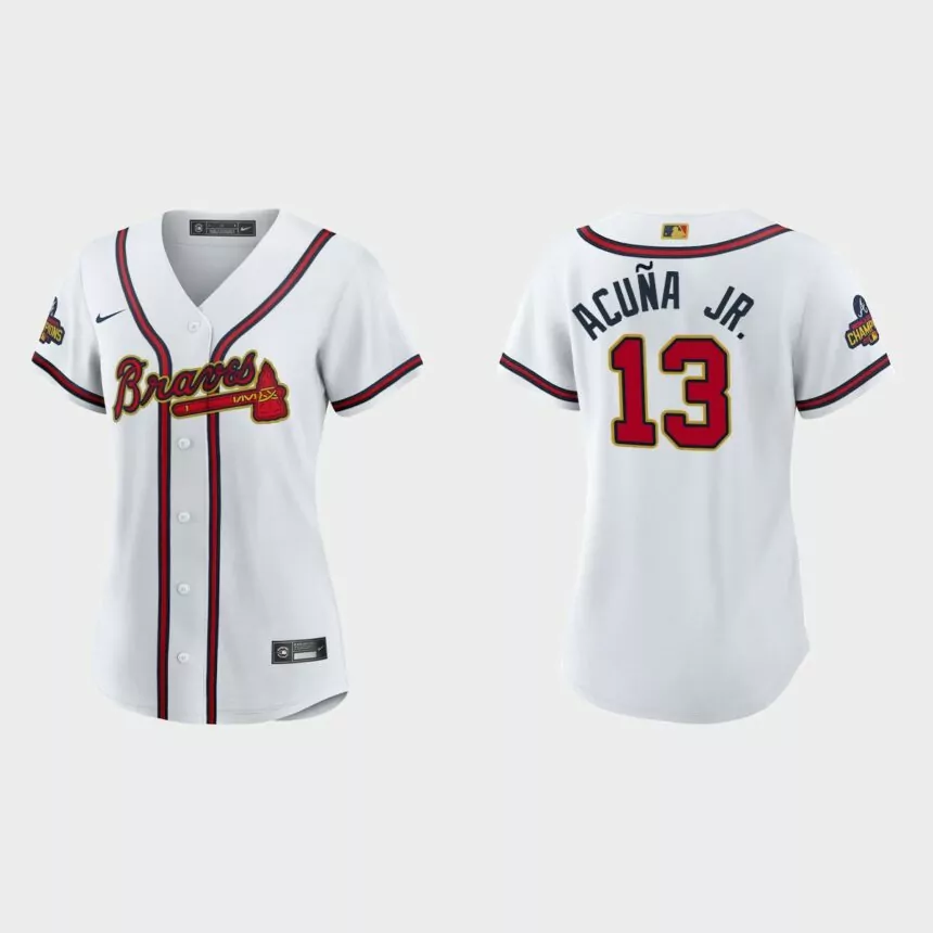Women’s Atlanta Braves Ronald Acuna Jr. 2022 Gold Program White Replica Jersey