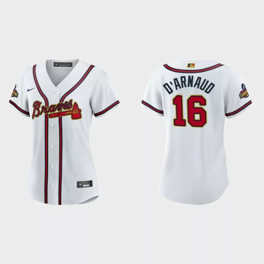 Women’s Atlanta Braves Travis d’Arnaud 2022 Gold Program White Replica Jersey