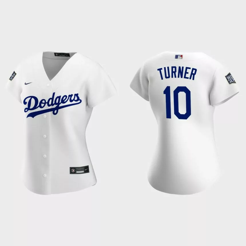 Women’s Los Angeles Dodgers #10 Justin Turner Replica 2020 World Series Home Jersey – White
