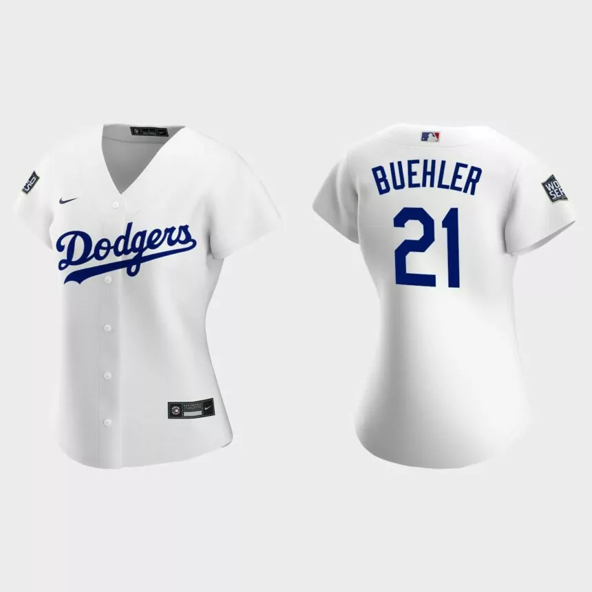 Women’s Los Angeles Dodgers #21 Walker Buehler Replica 2020 World Series Home Jersey – White