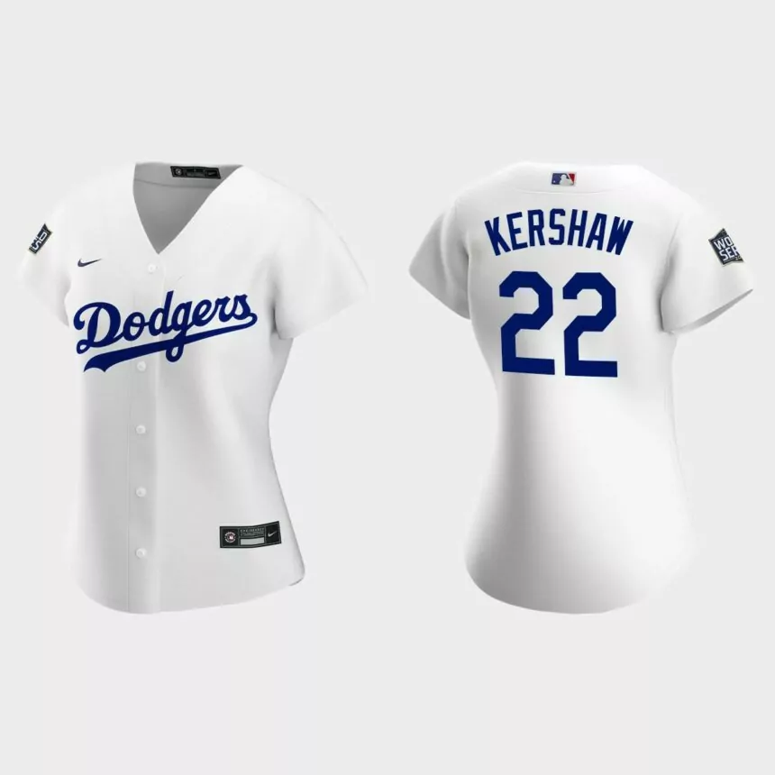 Women’s Los Angeles Dodgers #22 Clayton Kershaw Replica 2020 World Series Home Jersey – White
