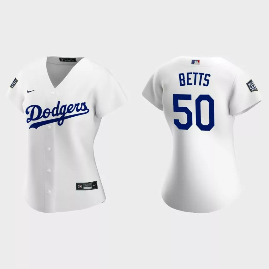 Women’s Los Angeles Dodgers #50 Mookie Betts Replica 2020 World Series Home Jersey – White