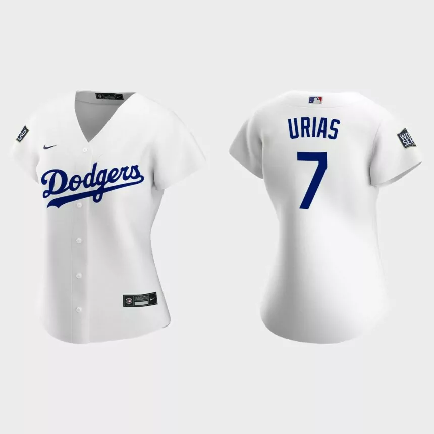 Women’s Los Angeles Dodgers #7 Julio Urias Replica 2020 World Series Home Jersey – White