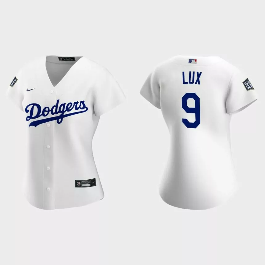 Women’s Los Angeles Dodgers #9 Gavin Lux Replica 2020 World Series Home Jersey – White