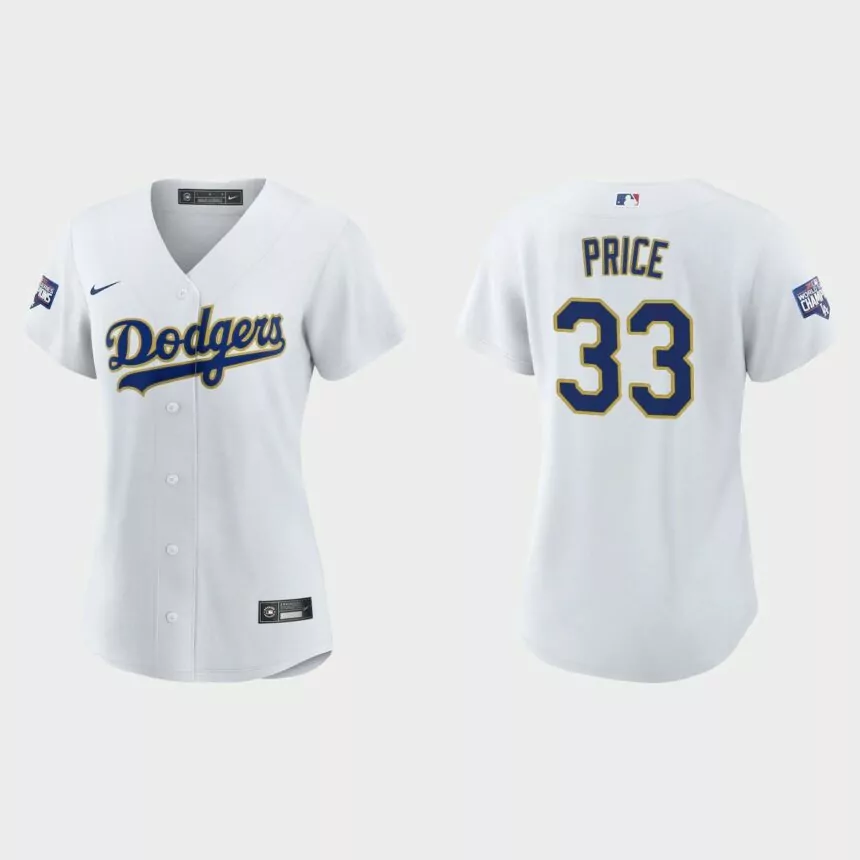 Women’s Los Angeles Dodgers David Price 2021 Gold Program White Gold Replica Jersey