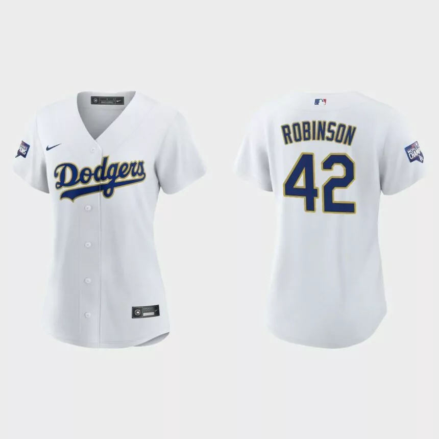 Women’s Los Angeles Dodgers Jackie Robinson 2021 Gold Program White Gold Replica Jersey