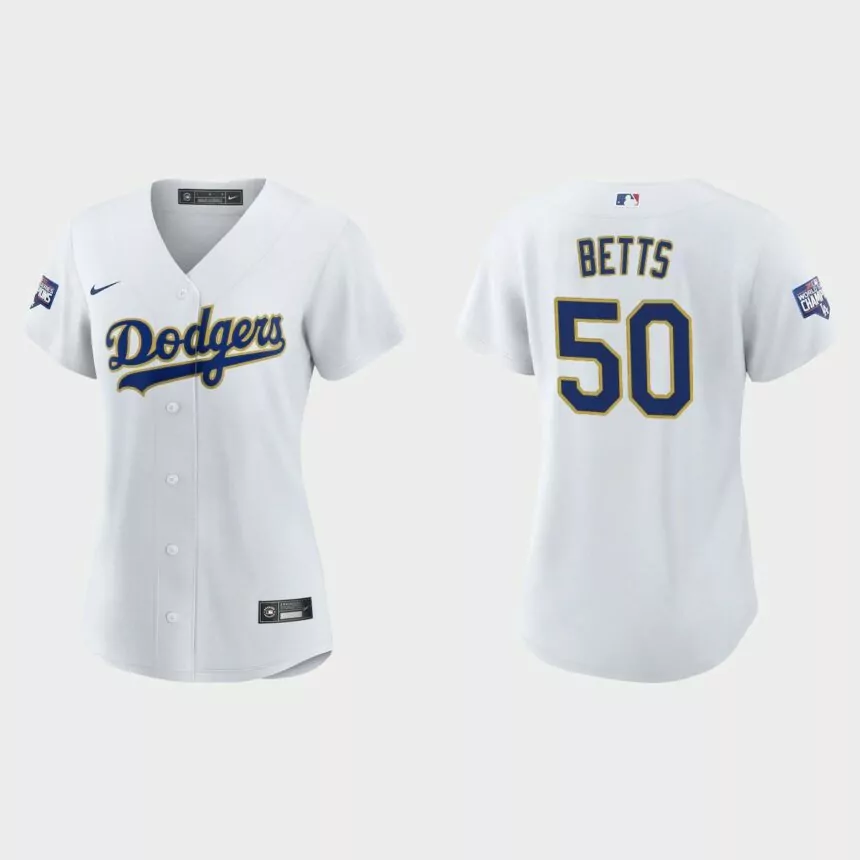 Women’s Los Angeles Dodgers Mookie Betts 2021 Gold Program White Gold Replica Jersey