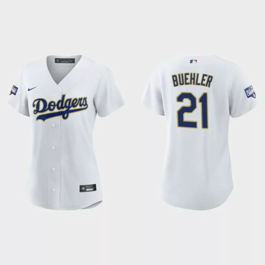 Women’s Los Angeles Dodgers Walker Buehler 2021 Gold Program White Gold Replica Jersey