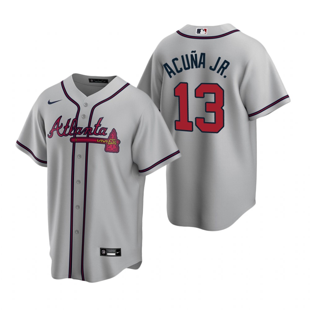 Womens Atlanta Braves #13 Ronald Acuna Jr. Nike Grey Away Cool Base Jersey