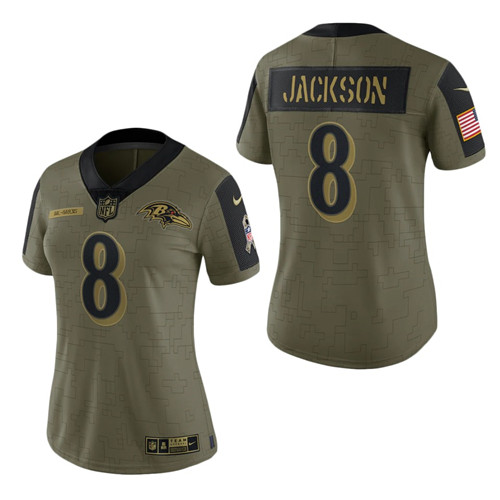 Womens Baltimore Ravens #8 Lamar Jackson Nike Olive 2021 Salute To Service Jersey