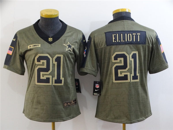 Womens Dallas Cowboys #21 Ezekiel Elliott Nike Olive 2021 Salute To Service Stitched Jersey