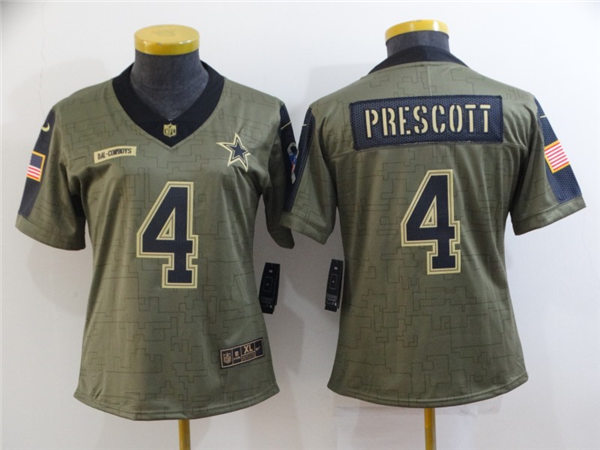 Womens Dallas Cowboys #4 Dak Prescott Nike Olive 2021 Salute To Service Stitched Jersey