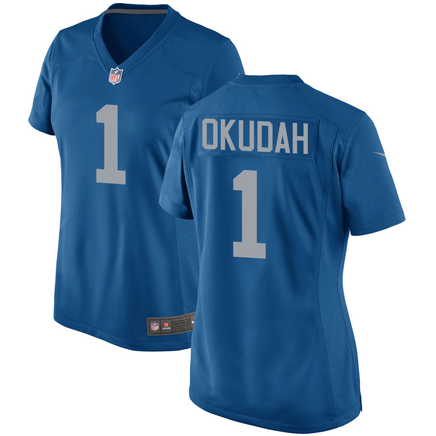Womens Detroit Lions #1 Jeff Okudah Nike Blue Retro Throwback Jersey