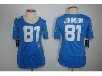 Womens NEW Detroit Lions 81# Calvin Johnson Elite breast Cancer Awareness Blue Jerseys