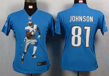 2012 Womens NEW NFL Detroit Lions 81 Johnson Blue Portrait Fashion Game Jerseys